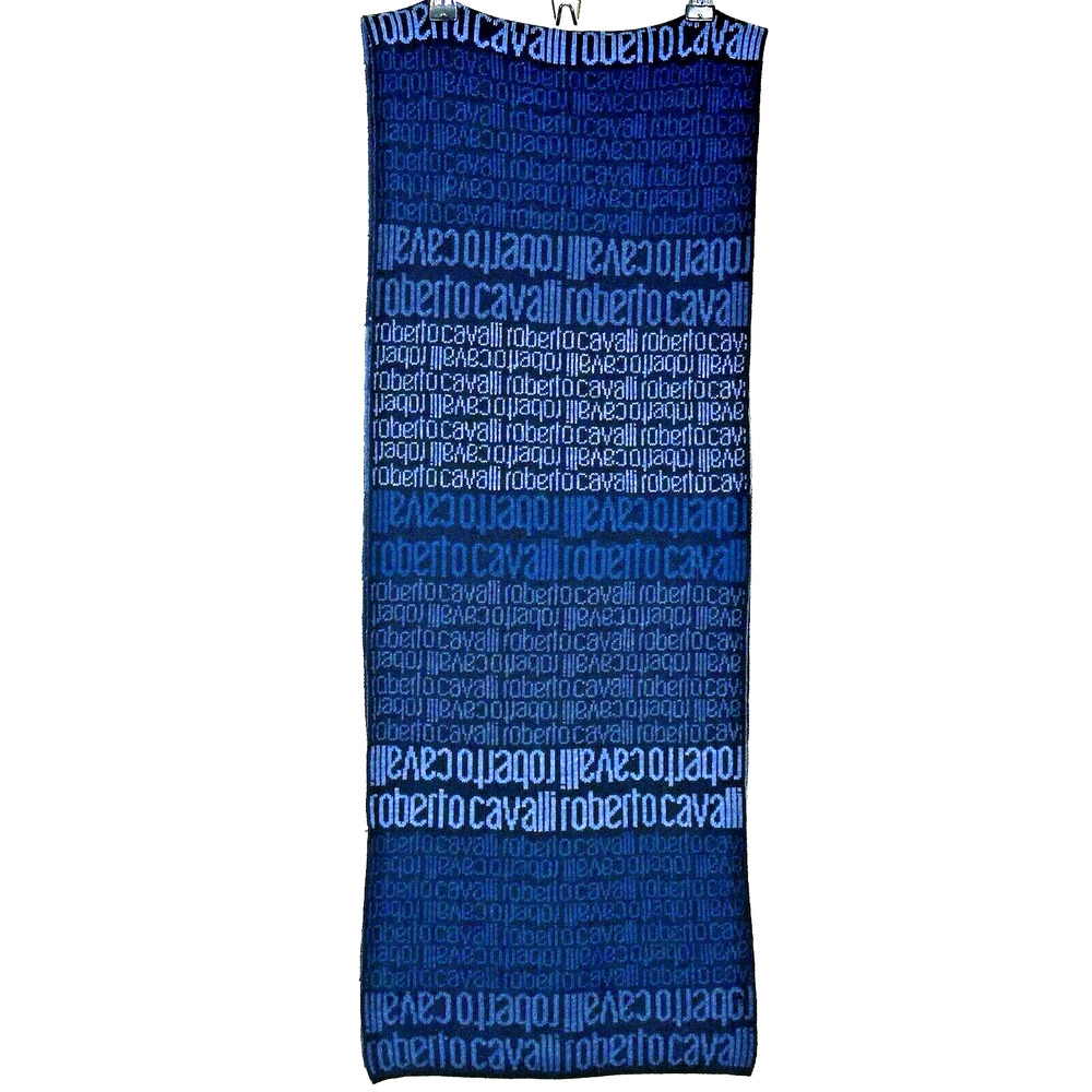 ROBERTO CAVALLI Men's Blue Monogram Wool Blend Scarf 160 x 26cm